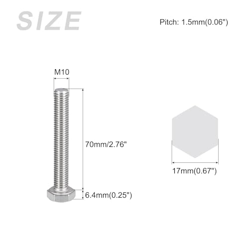Image of METALLIXITY Hex Bolts (M10-1.5x70mm) 5Pcs, 304 Stainless Steel Coarse Fully Threaded Hex Head Screw Bolt Machine Screws - for Furniture Repair, Silver