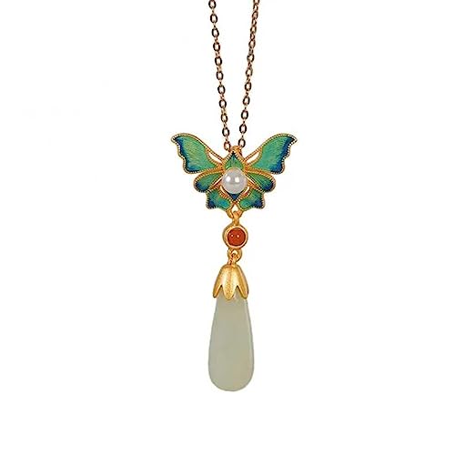 Collier perle papillon argent et pendentif en jade de Hetian