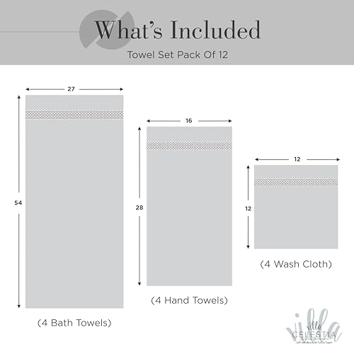 Image of Villa Celestia 12-Piece 100% Cotton Towel Set, 4 Bath Towels, 4 Hand Towels, 4 Wash Cloth, Quick-Dry, Black