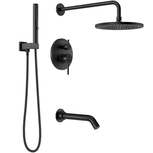 Lava Odoro Modern 3-Setting Round Rain Bathtub and Shower Faucet Set Black Rainfall Shower Head and Handle Set Rain Shower System with Tub Spout Shower Valve Trim Kit Matte Black SF104-MB-T
