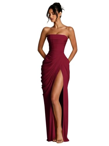 Verngo Strapless Mermaid Prom Dresses for Teens Wine Red Chiffon Corset Formal Dresses for Women Mermaid Wedding Guest Dress with Slit US8