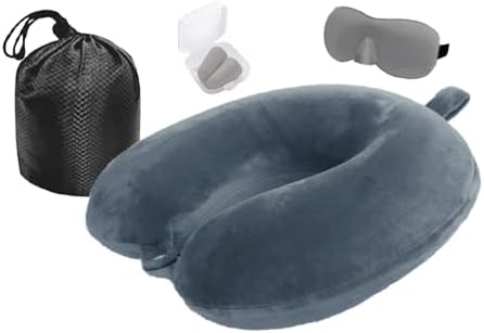 Portable Memory Foam Travel Pillow  Lightweight Neck Pillow for Travel Supports in Any Sleeping Position on Flight, Car, or Home  Washable Neck Support Pillow, Ear Plugs, Eye Mask & Carry Bag | Grey