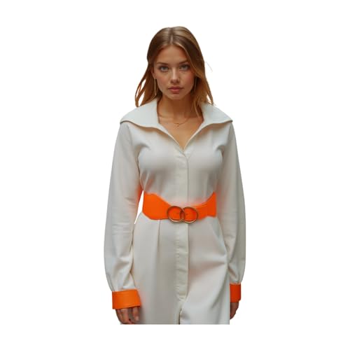 Women Neon Orange Elastic Fashion Belt - Hip High Waist Big Circle Metal Buckles S M z014