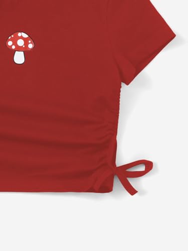 Image of SHENHE Girl's Mushroom Print Short Sleev Crop Tops Ruched Drawstring Tee T Shirts