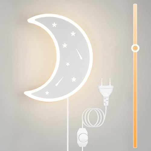 KZT Wandleuchte Innen 14W Dimmbar Mondlampe Wandlampe mit Schalter und Stecker Schlafzimmer Nachttischlampe 3000K Warmweiß Kinderzimmer Nachtlicht Wandbeleuchtung für Wohnzimmer, Weiß