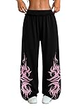 ZAFUL Womens Wide Leg Sweatpants Y2K Gothic Graffiti High Waisted Lounge Pants Athletic Joggers Pants with Pockets 1-Black&Pink XXL