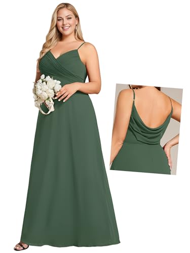Image of Ever-Pretty Women's Chiffon Pleated Spaghetti Straps Sleeveless A Line Plus Size Bridesmaid Dresses Formal Gown Eucalyptus Green US18