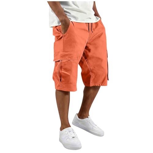 Cargo Shorts for Men Below the Knee Length Plus Size Hiking Work Relaxed Fit Capri Tactical Shorts with Multi Pockets Summer Fashion Orange 3XL