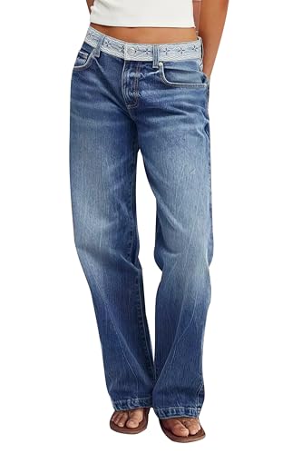 Madrirdma Low Waist Straight Leg Jeans for Women Vintage Wash Stretch Denim Pants Navy Blue