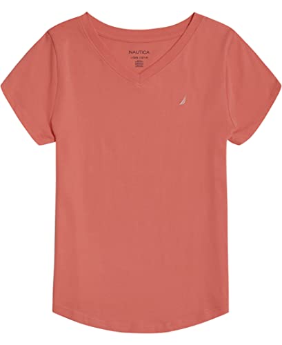 Image of Nautica Girls' Short Sleeve V-Neck T-Shirt, Solid Cotton Blend Tee with Tagless Interior