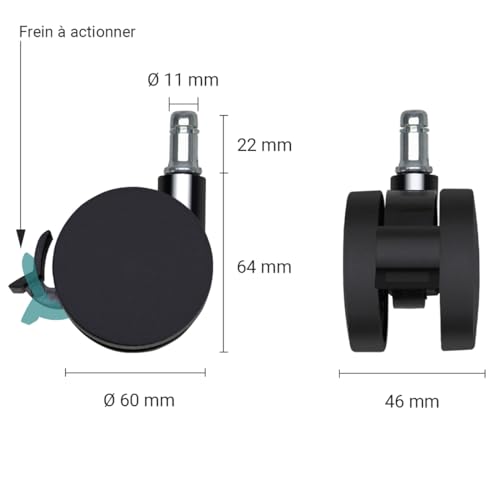 Waytex 78602 Bürostuhlrollen mit Bremse, Durchmesser 60 mm, für Hartböden, Parkett, Laminat, Fliesen – 5 Stück – Farbe Schwarz