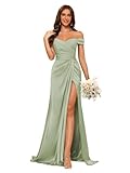 kopptioo Off Shoulder Mermaid Wedding Guest Dresses for Women Bridesmaid Draess Maxi Dress with Split Satin Evening Gowns Dusty_Sage UK10A