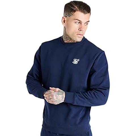 SikSilk Crew Sweatshirt - Casual Mens Pullover Sweater Jumper with Logo Embroidery - Navy, Large Cover