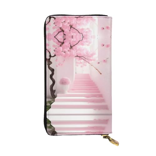 Portefeuille en cuir imprimé cerisier rose de qualité supérieure de long