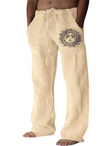 Voqeen Hombre Pantalon Lino Verano Casual Pantalones Largo con Elasticos Cintura Ligeros Pants Anchos de Playa con Bolsillos