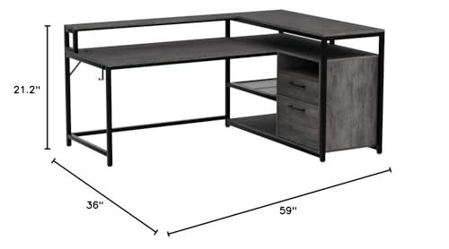 Image of SEDETA L Shaped Gaming Desk, 59 inch Home Office Desk with Drawers, Gaming Desk with LED Lights, Corner Desk with Headphone Hook and Monitor Shelf, Grey