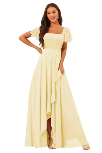OEUVIGF Chiffon Yellow Bridesmaid Dresses for Wedding 2026 Square Neck Short Sleeves A Line Formal Gowns 6 Yellow