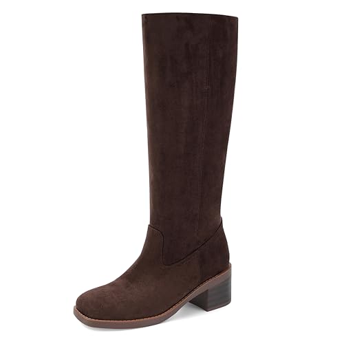 Image of DOEYG Women's Banana Knee High Boots Square Toe Chunky Block Heel Tall Boots Wide Calf Fashion Comfortable Casual Pull on Long Boots
