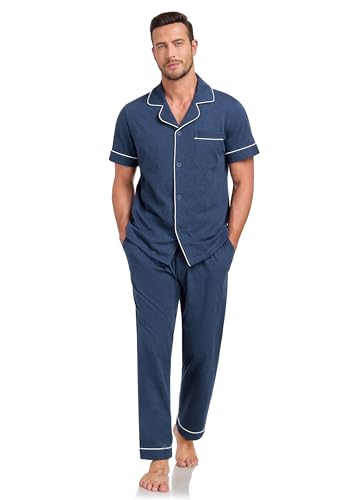 COLORFULLEAF 100% Cotton Mens Pajamas Set Short Sleeve Loungewear with Long Pants Button Down Sleepwear Soft Comfy Pjs2
