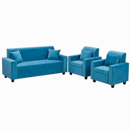 Image of FURNY QualityWood 3 Seater + 1 Seater + 1 Seater Fabric Sofa Set (Aqua Blue) with Velvet Finish | Durable Comfort | Ideal for Living Room