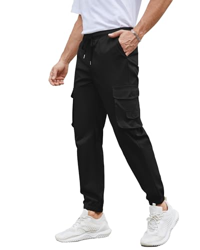 NANAMEEI Stretch Work Trousers for Men Slim Tapered Cargo Pants Breathable Jogging Bottoms with Multi-Pockets,Black,L