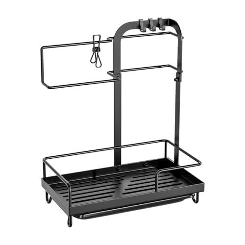 Homeponnew Organizador grande para fregadero de cocina y soporte de esponja con toallero, organizador de fregadero de hierro de 13.8 x 10 x 5.9 pulgadas para encimera, estante de drenaje para cocina y
