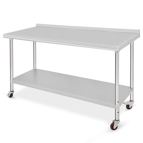Image of 60x24x35inch Double Layer Stainless Steel Work Table with Caster Wheels & Backsplash
