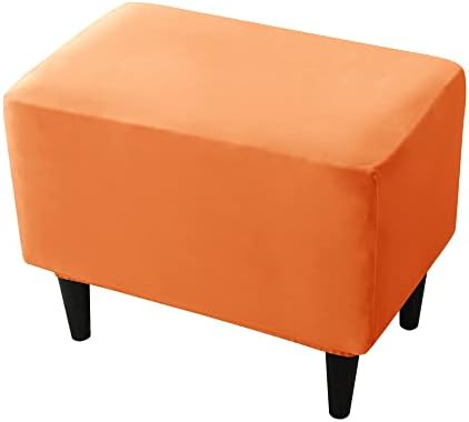 CONRUSER Stretch Ottoman Covers, Soft Velvet Ottoman Slipcovers Small Rectangle Storage Stool Cover Footstool Slipcover for Living Room Furniture Protector (Orange)