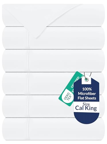 Royale Linens 6 Pack Bulk Flat Sheet Set - Top Sheets - Soft 1800 Microfiber - Stain Resistant - for Hotel, Massage Table, Hospital, Dorm - California King Flat Sheet Sold Separately (King Cal, White)