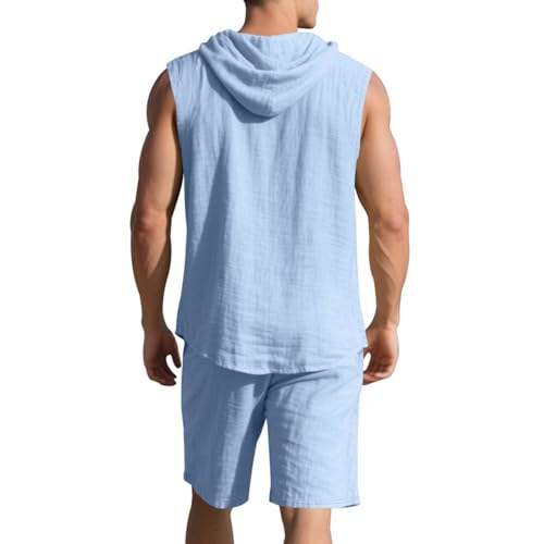 Men Linen Sets Outfits Sleeveless Hoodies 2 Piece Short Set Summer Beach Tank T Shirts Solid Gym Workout Running Sets3