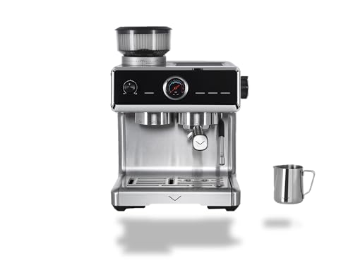 Vestel SESM9090 X Grinding Siebträgermaschine mit Auto-Tamping-Funktion, Edelstahlkegelmahlwerk, 200 gr Kaffeebohnenbehälter, 20 Bar, 1500 W, Edelstahl/schwarz, 15000412