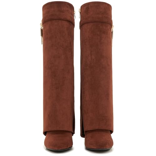 Image of Fold Over Boots for Women Pointy Pull-on Wedge Heel Knee Shark Boot With Side Zipper Padlock Design