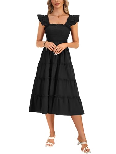 Rooscier Women's Square Neck Smocked Ruffle Sleeveless Sundress Tiered A Line Midi Dress