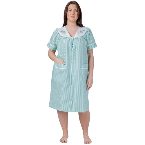 Image of Women's Short Sleeve Woven Snap-Front Closure Striped Embroidery Housecoat Duster Nightgown with Front Pockets