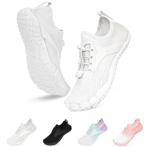 BibHoly Barfotaskor dam herr badskor, snabbtorkande vattenskor ventilerande simskor, halkfria surfskor unisex strandskor för strandvandring, A01 vit, 42 EU