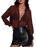 Prettywear Women Sheer Long Sleeve Blouses Sexy See Through Button Up Shirts Loose Mesh Tops Dressy Casual Darkbrown M
