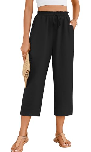 POPYOUNG Womens 3/4 Pants High Waisted Wide Leg Lounge Pants Drawstring Causal Palazzo Pants Trousers with Pockets2