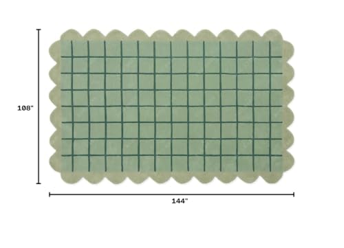 Image of Hand-Tufted 100% Wool Area Rug - 9x12 Ft, Mint Green Base with Teal Blue Windowpane Grid & Sage Scalloped Border, Soft Pile Modern Carpet for Living Room, Bedroom, Nursery & Kids Room