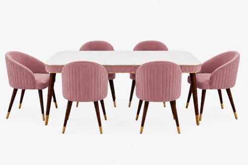 Image of WOODEN SPACE 6-Seater Wooden Dining Table Set | Nano Composite Marble Top | Solid Wood Base | Modern Dining Room Furniture with 6 Chairs (Pink)