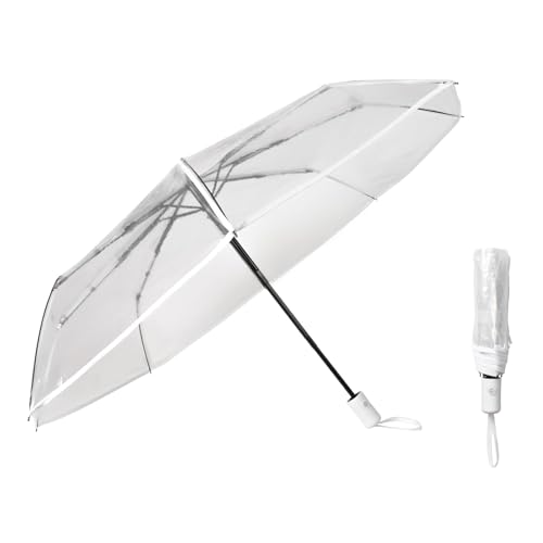 Aowin Clear Umbrella,Transparent Automatic Open Foldable Umbrella,Clear Canopy Golf Umbrella,Waterproof Windproof Compact Umbrellas,Auto Open Stick Umbrella for Wedding Backpack and Travel(White)