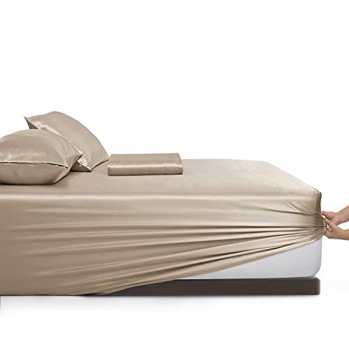 Vonty Satin Sheets Extra Deep Pocket Queen Sheet Sets - Cooling & Silky Satin Queen Size Sheets With 18-24 Inch Deep Pocket, Taupe Satin Bed Sheets Fit Up To 24" Deep Mattress - 4 Piece #TOP6