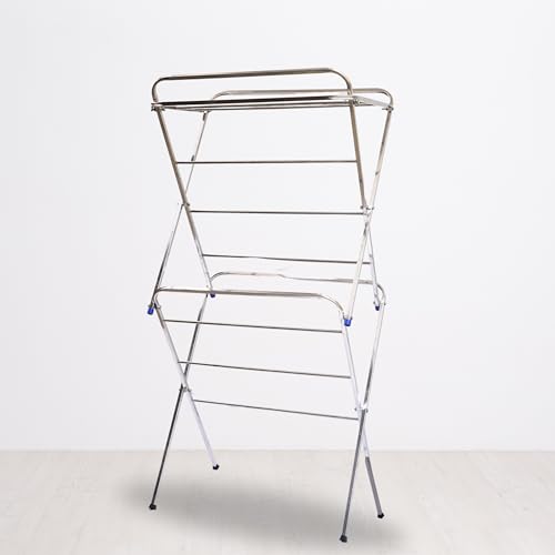Image of DWET Stainless Steel Heavy Duty Foldable Cloth Drying Stand Sturdy Laundry Rack and Space-Saving Clothes Stand 13 Rod Use for Indoor | Outdoor | Balcony (Silver)