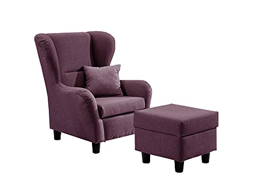 lifestyle4living Sillón orejero con taburete en color lila en estilo rústico | el sillón acolchado perfecto para noches relajadas y largas de televisión y de lectura.