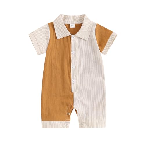 Image of niceclould Baby Boy Vertical Striped Romper with Pockets One Piece Lapel Neck Short Sleeve Buttons Jumpsuit Spring Summer