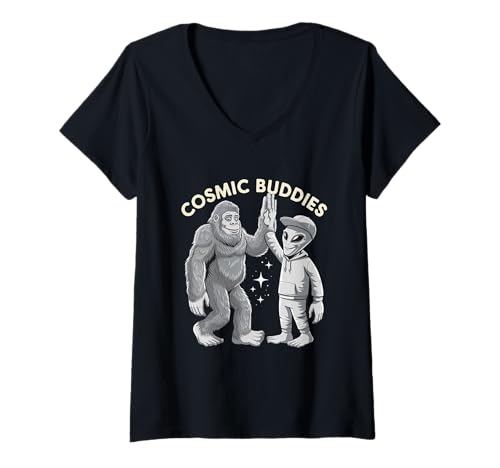 Mujer Cosmic Buddies Funny Bigfoot Alien High-Fiving Men Women Kid Camiseta Cuello V
