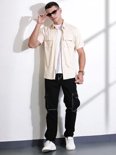 Image of Thomas Scott Men's | Solid | Half Sleeve | Slim Fit | Cotton Blend | Double Flap Pocket | Spread Collar | Casual Shirt
