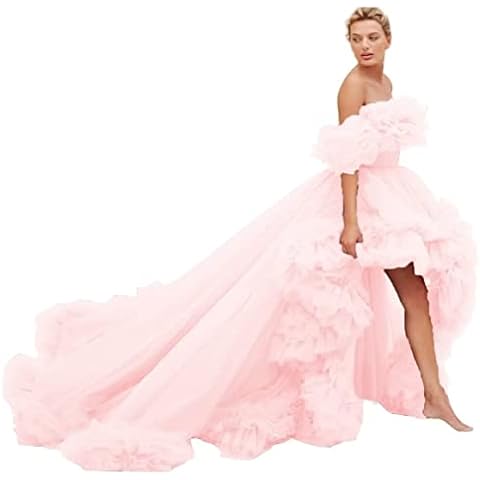 Women's High Low Prom Dress Off The Shoulder Quinceanera Dress Ruffles Tulle Evening Gown A Line Pearl Pink Cover
