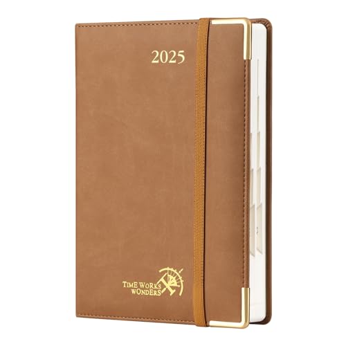 POPRUN Agenda 2025 Día Por Página 21,5 x 14,5 cm, Planner Diaria con Tapa Dura una, 12 Meses, Banda Elástica, 80 GSM Papel EU, Marrón