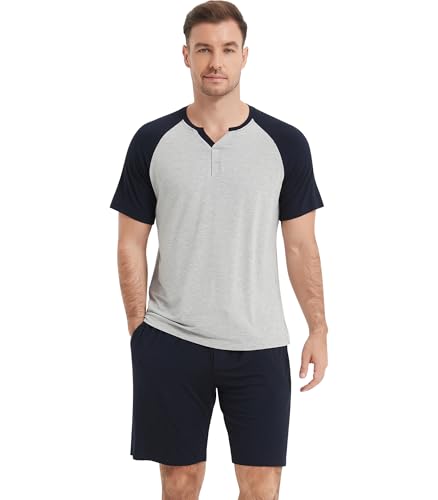 Image of NACHILA Pajamas Set for Men-Viscose Made from Bamboo,Short Sleeve Sleepwear Soft Pjs with Shorts Cool Loungewear Light Heather Grey /Navy Blue L