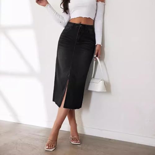 Women’s Front Split Denim Long Skirts High Waist Slim Fit A Line Skirts Solid Color Street Casual Jean Maxi Skirts3